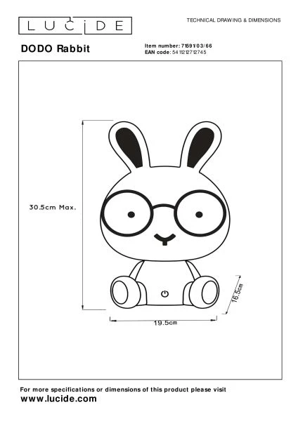 Lucide DODO RABBIT - Lampe de table Chambres d'enfant - LED 3 StepDim - 1x3W 4000K - Rose - technique